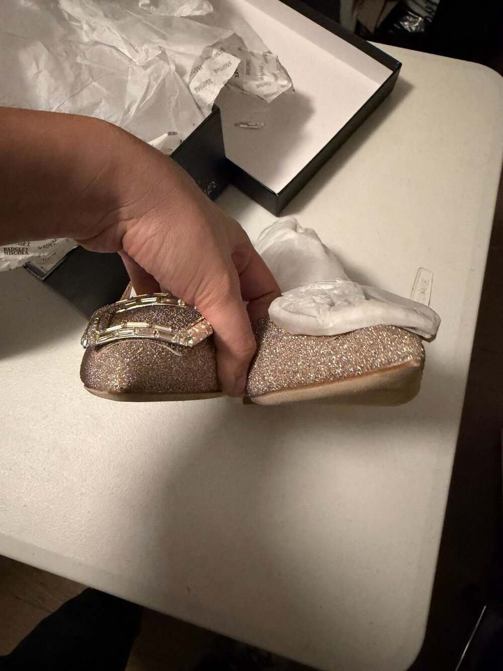 Badgley Mischka Adaline Champagne Glitter Slingback Block Heel Pumps 9 - Picture 7 of 10